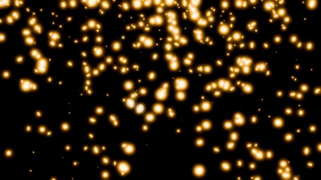 Abstract yellow glowing particles fly in random directions on a black background seamless loop 3d render. Glitter bokeh elements backdrop for award ceremony, greeting card or celebration