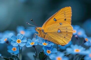 Obraz premium A yellow butterfly with white spots perched on blue forget-me-not flowers in a garden.