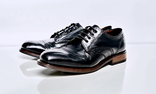 Czarne sk&oacute;rzane buty w nowoczesnym stylu na białym tle przyciągają uwagę swoją elegancją. 
