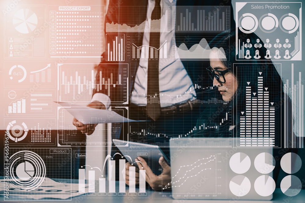Poster big data technology for business finance analytic concept. modern interface shows massive informatio