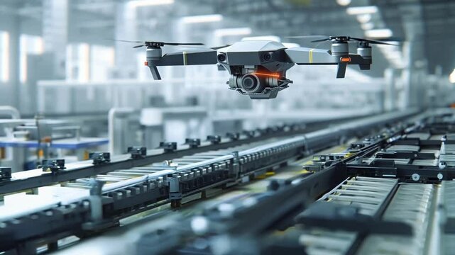 High tech drone hovers over a production line, showcasing cutting edge technology in modern manufacturing