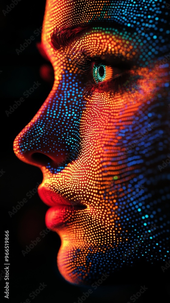 Aufkleber close-up of a face with digital light pattern, futuristic concept