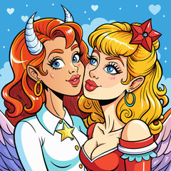 beautiful lesbian devil and angel women tongue kissing each other, vector illustration cartoon