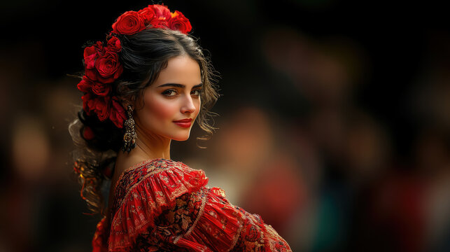 spanish woman in traditional red dress dancing flamenco on dark background, hispanic heritage, national dance, young beautiful latin american brunette girl, spain, culture, female portrait, dancer