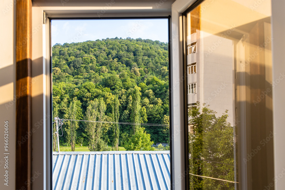Canvas Prints roof and green mountain in open window in dilijan