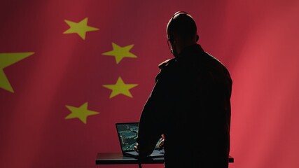 Chinese army communication systems operator using radio and satellite equipment, providing combat support. Military dispatcher managing communications networks, isolated over China flag, camera A