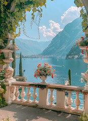 Scenic lake como terrace view with mountains and flowers under clear blue sky