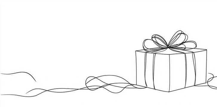recommend clip art: Modern illustration of a gift box with ribbon bow. Black line art sketch isolated on white background with decorative ribbon bow.