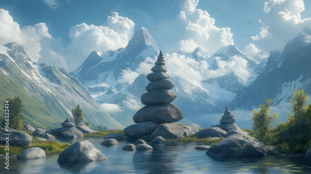 Wall mural serenity: tranquil mountain lake with stone cairns