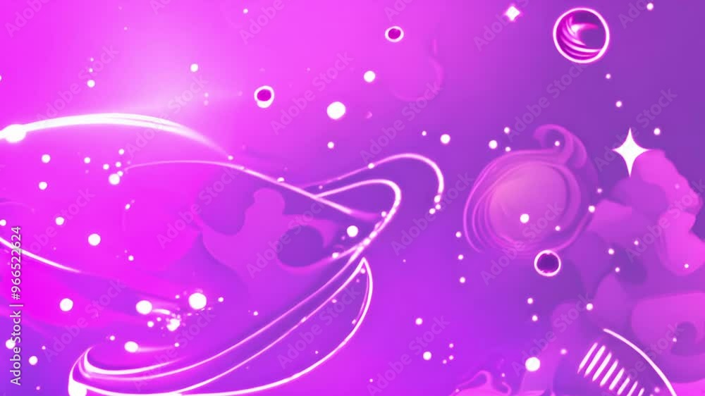 Poster abstract space-themed animation with swirling lines and glowing particles on purple background