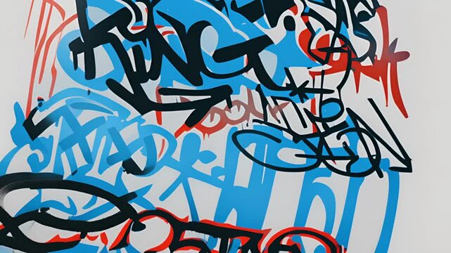 Colorful graffiti tags and abstract shapes animation over white background