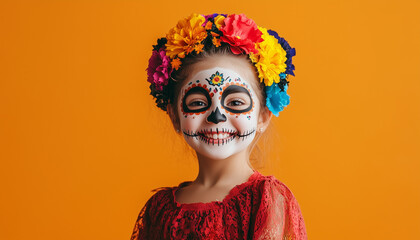 Smiling young girl with traditional Dia de los Muertos sugar skull makeup and a vibrant flower crown on an orange background.
