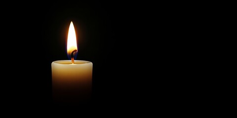 White Candle Burning in the Dark, Isolated on Black Background, Symbolizing Memorial Day Remembrance and Tribute