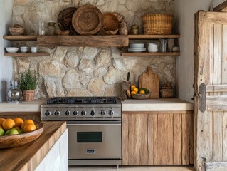 A rustic kitchen with a stone wall and wooden cabinets. The kitchen is well-stocked with various items, including a large oven, a sink, and a variety of bowls and plates