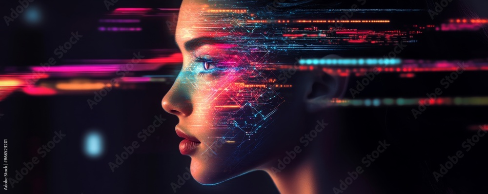 Poster digital abstract image of a woman's face with neon light effects and futuristic concept