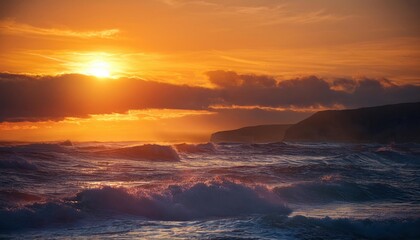 Fototapeta premium Sunset over the ocean with waves crashing in front of a mountain