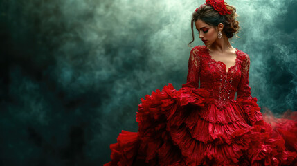 spanish woman in traditional red dress dancing flamenco on dark background, hispanic heritage, national dance, young beautiful latin american brunette girl, spain, culture, female portrait, dancer
