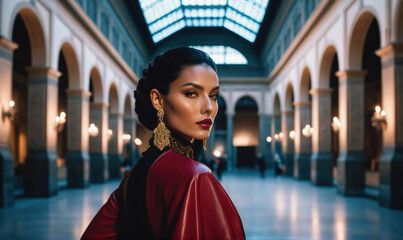 A woman with dark hair and red lipstick stands in a grand hall with arched ceilings and a glass skylight