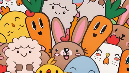 A group of adorable animated animals and vegetables with cheerful expressions - Powered by Adobe