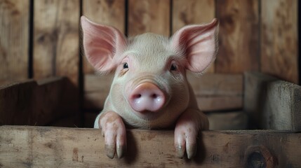 Cute Piglet Looking Out From a Wooden Crate