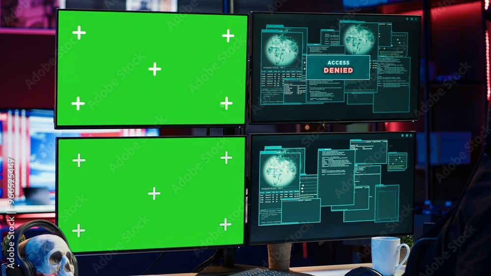 Poster hacker receiving access denied error message on chroma key monitors while doing corporate espionage.