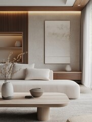 A living room with a white couch, a coffee table, and a vase with flowers on it. The room has a minimalist and clean look, with a white color scheme and wooden furniture