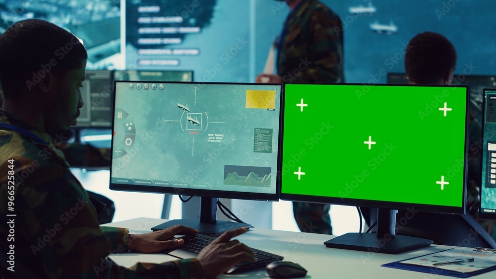 Poster private monitors national guard activity with military cctv satellite system, working with a greensc