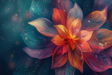 Abstract floral illustration with a vibrant orange and pink flower with delicate petals and soft blue-green leaves on a dark blue background.