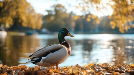 Mallard Duck by the Autumn Lake