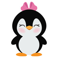 Cute little  penguin girl with pink bow  vector cartoon illustration