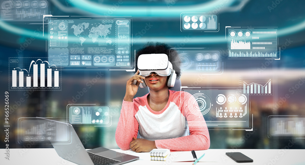 Poster girl using laptop and augmented glasses connecting metaverse while doing homework at table by using 