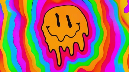 Dripping smiley face animation over vibrant, colorful psychedelic background - Powered by Adobe