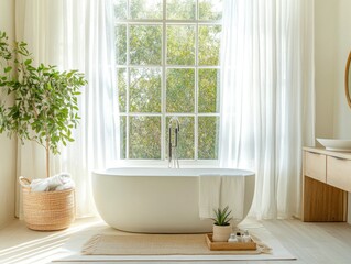 A bathroom with a large white bathtub, a potted plant, and a window. The room is bright and airy, with a sense of calm and relaxation