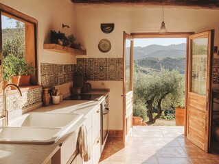 A kitchen with a view of the mountains. The kitchen is clean and well-organized. There are two sinks, a stove, and a dishwasher. The kitchen has a lot of natural light coming in through the windows