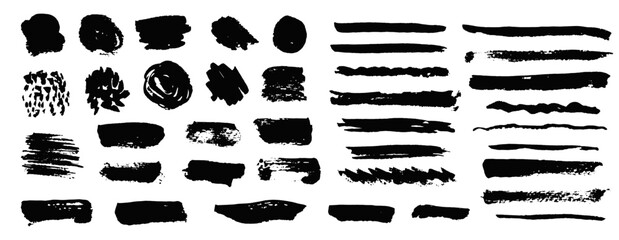 Trendy set of hand painted isolated black textured grunge brush strokes and blobs. Artistic unique ink lines, stamps and scratches for graphic design, decoration, texture