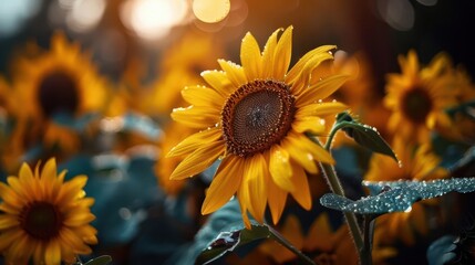 Naklejka premium Sunflower field in full bloom, vibrant and expansive, Botanical, Bright yellows, Photograph, Floral abundance