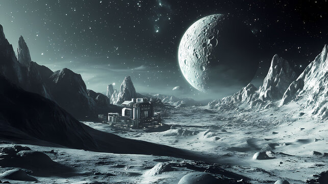 Futuristic space colony on the dwarf planet eris with its moon dysnomia in orbit nearby. Space Colony. Illustration