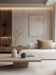 A living room with a white couch, a coffee table, and a vase with flowers on it