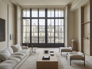 Fototapeta premium A large living room with a view of the city. The room is decorated in a minimalist style with white furniture and a few decorative items. The mood of the room is calm and serene