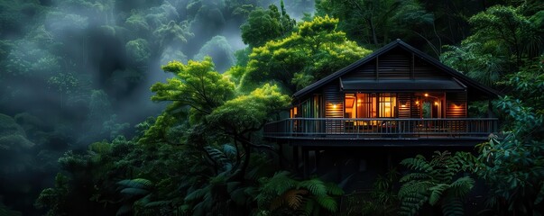 Obraz premium Treehouse retreat in a dense forest, serene and cozy, Nature, Soft greens, Photograph, Elevated living