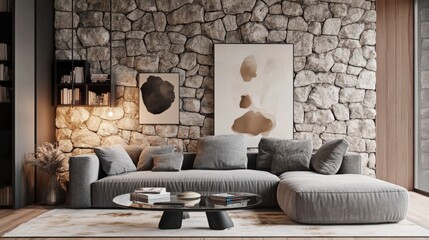 Cozy modern living room with stone wall and stylish furniture.