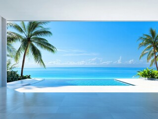 A beautiful view of the ocean with a pool and palm trees in the background. Scene is serene and relaxing