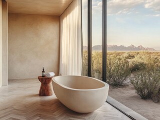 A large white bathtub sits in a desert-like setting with a view of mountains in the background