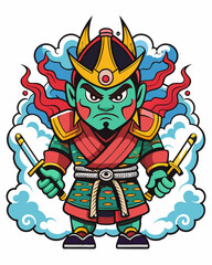 colorful anime style illustration of shogun samurai, striking pose, all limbs appear in frame,