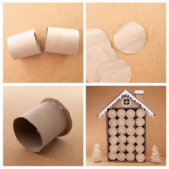 How to make advent calendar with numbered compartments in house shape, using recycle toilet paper tubes, simple craft for kids, process art, DIY, tutorials, step by step instruction,