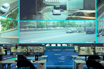 Empty monitoring room full of workstations used to observe traffic surveillance footage on CCTV...