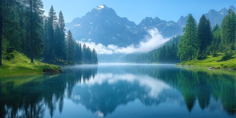 Fototapeta premium Mountain Lake Reflecting Peaks and Forest