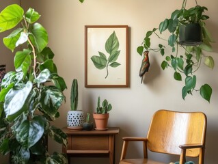 A room with a wooden chair and a potted plant. A bird is hanging from the ceiling