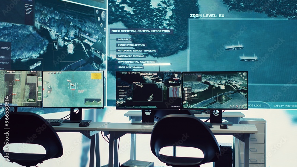 Aufkleber federal agency control room equipped with surveillance and radio system to oversee threats or danger