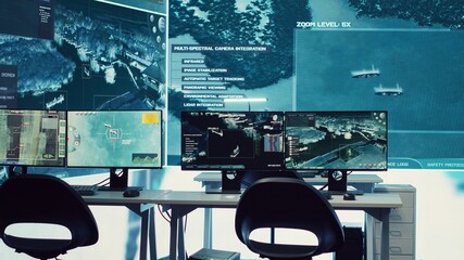 Federal agency control room equipped with surveillance and radio system to oversee threats or danger on a world map. Military command center space with a dashboard and big data visualization.